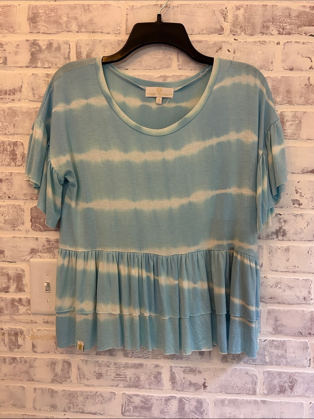 Simply Southern Women’s Medium Blue and White Tie-Dye Ruffle Peplum Top Stretch